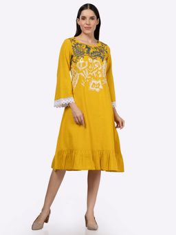 Saffron Threads - Mustard Cotton Slub Embroidered Lace Inserts Midi Dress
