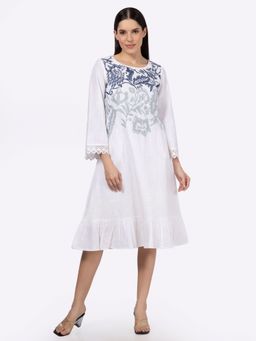 Saffron Threads - White Cotton Slub Embroidered Lace Inserts Midi Dress