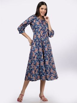 Saffron Threads - Royal Blue Paisley Print Cotton Midi Dress