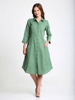 Saffron Threads - Green Solid Midi Shirt Dress