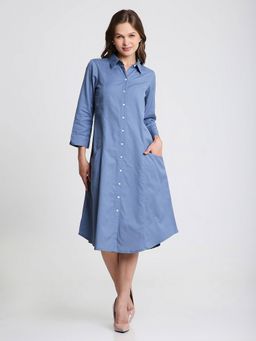 Saffron Threads - Blue Solid Midi Shirt Dress