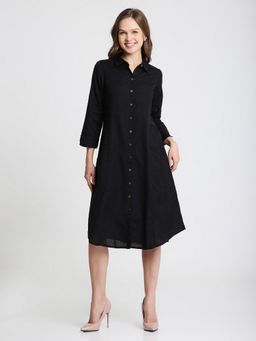 Saffron Threads - Black Solid Midi Shirt Dress