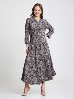 Saffron Threads - Black Floral Print Shirt Collar Maxi Dress