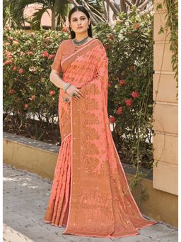 Sangam Prints - Peach Woven & Siroski Stone Work Traditional Saree with Unstitched Blouse