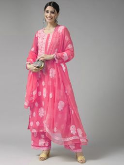 ADA - Embroidered Chikankari Rose Pink Georgette Unstitched Kurta with Bottom and Dupatta (Set of 3)