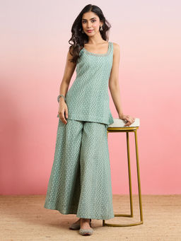 Fabindia - Women Sage Green Cotton Silk Printed Kurti with Palazzo