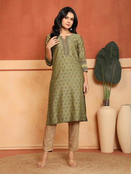 Fabindia - Women Green Cotton Silk Hand Block Printed Kurta