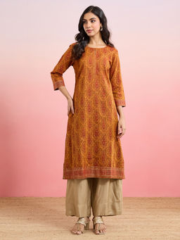 Fabindia - Women Mustard Cotton Paisley Hand Block Printed Kurta
