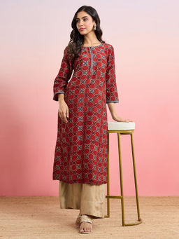 Fabindia - Women Maroon Cotton Silk Ajrakh Printed Kurta