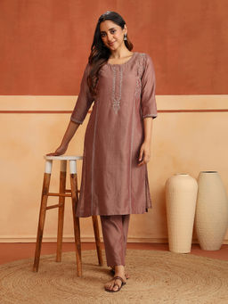 Fabindia - Women Cinnamon Brown Cotton Silk Chikankari Kurta with Slip and Pant