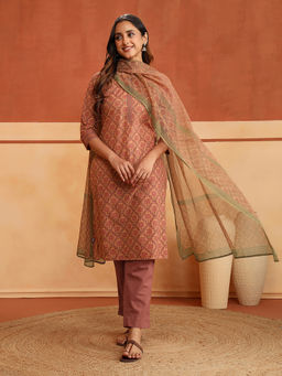 Fabindia - Women Rust Cotton Floral Printed Kurta with Pant and Dupatta