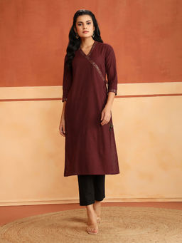 Fabindia - Women Maroon Cotton Hand Embroidered Kurta