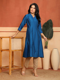 Fabindia - Women Royal Blue Cotton Silk Embroidered Kurta