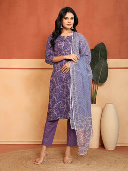 Fabindia - Women Purple Cotton Floral Printed Kurta with Pant and Dupatta