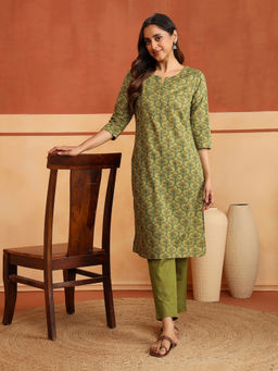 Fabindia - Women Green Cotton Floral Printed Kurta and Pant