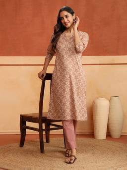 Fabindia - Women Peach Cotton Floral Printed Kurta and Pant