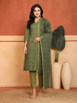 Fabindia - Women Green Cotton Floral Printed Kurta with Pant and Dupatta