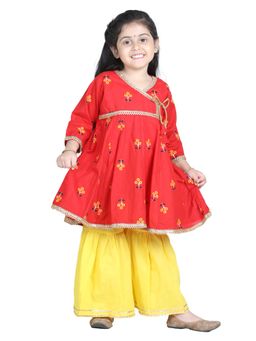 AJ Dezines - Girls Floral Printed Angrakha Kurti with Sharara-Red (Set of 2)
