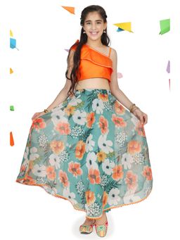 AJ Dezines - Girls Sleeveless Crop Choli & Lehenga-Orange (Set of 2)