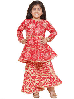 AJ Dezines - Red Cotton Printed Lace Work Kurta Sharara for Girls (Set of 2)