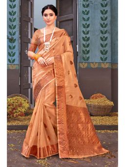 Sangam Prints - Beige Organza Woven Zari Work Traditional Tassel Saree with Unstitched Blouse