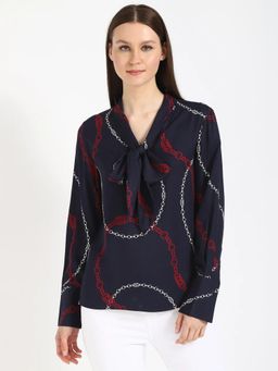 Tommy Hilfiger - Relaxed Fit Viscose Pussy-Bow Neck Regular Top - Navy Blue