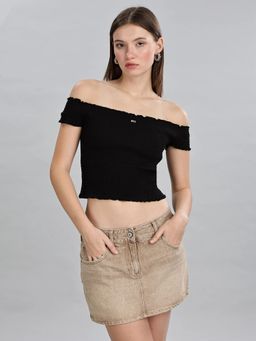 Tommy Hilfiger - Cropped Fit Cotton Off-Shoulder Top - Black