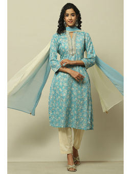 Rangriti - Blue Cotton Blend Straight Kurta with Pant and Dupatta (Set of 3)