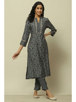 Rangriti - Navy Blue Viscose Blend Straight Kurta with Pant (Set of 2)