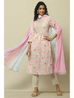 Rangriti - Pink Cotton Blend Straight Kurta with Pant and Dupatta (Set of 3)