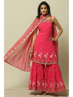 Rangriti - Pink Poly Georgette Straight Kurta with Sharara and Dupatta (Set of 3)