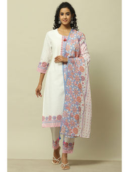 Rangriti - White Cotton Straight Kurta with Pant and Dupatta (Set of 3)