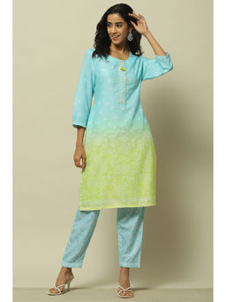Rangriti - Aqua Blue Polyester Straight Kurta with Pant (Set of 2)