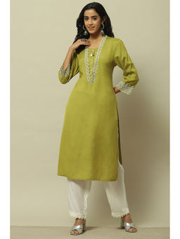 Rangriti - Lime Green Embroidered Rayon Straight Kurta