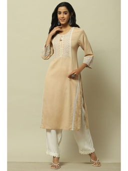 Rangriti - Beige Embroidered Rayon Straight Kurta