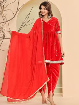 HOUSE OF JAMOTI - Ruby Red Velvet Angarkha (Set of 3)