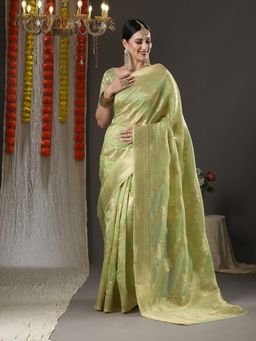 Akhilam - Womens Organza Light Green Woven Design Designer Saree with Unstitched Blouse