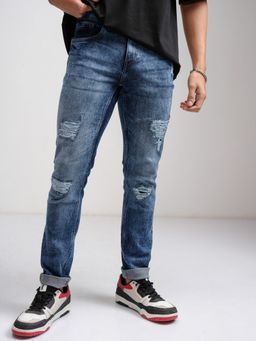 HIGHLANDER - Men's Straight Fit Mid-Rise Heavy Fade Mildly Distressed Stretchable Jeans