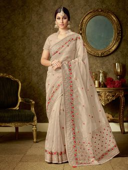 Odette - Beige Organza Designer Saree with Unstitched Blouse