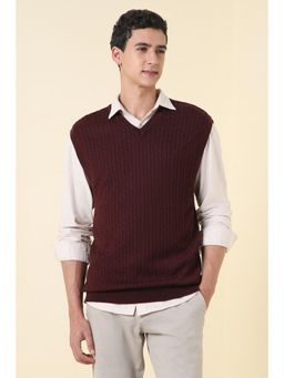 Allen Solly - Men Maroon Textured V Neck Sleeveless Sweater