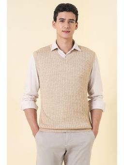 Allen Solly - Men Beige Textured V Neck Sleeveless Sweater
