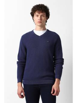 Van Heusen - Men Navy Blue Textured V Neck Sweater