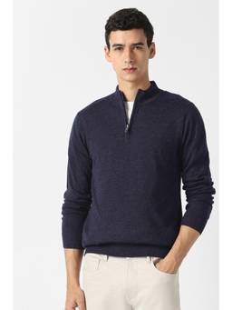 Van Heusen - Men Navy Blue Textured Mandarin Neck Sweater