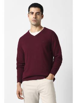 Van Heusen - Men Maroon Textured V Neck Sweater