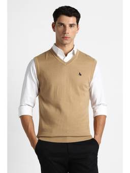 Van Heusen - Men Beige Solid V Neck Sweater