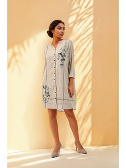 Zolo Label - Cotton Embroidered Light Grey Shirt Knee Length Dress