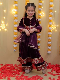 BownBee - Velvet Jacquard Anarkali With Palazzo And Dupatta - Purple (Set of 3)