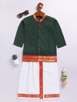 Vastramay - Boys Cotton Full Sleeves Checkered Pattern Kurta And Mundu (Set of 2)