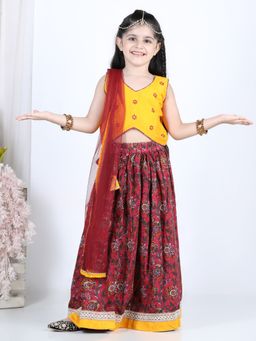 Kinder Kids - Red Floral Lehenga & Yellow Embroidered Top With Red Dupatta (Set of 3)