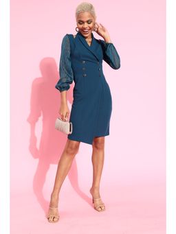 Miss Chase - Women's Teal Shawl Collar Bishop Sleeves Knee Length Blazer Dress